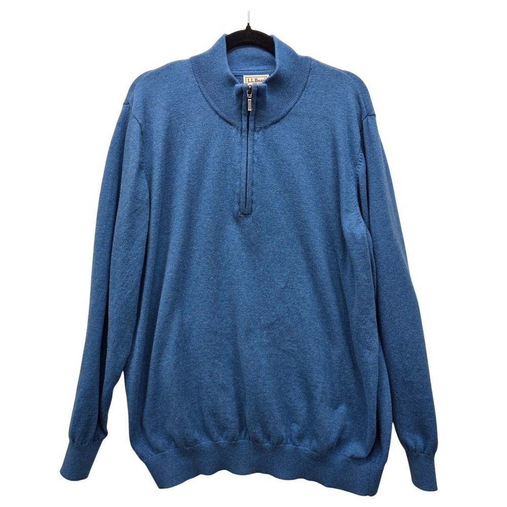 LL Bean Mens XXL Blue Cotton Cashmere Quarter Zip‎ Mock Neck Sweater